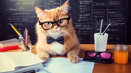 cat in oversized glasses sitting on a desk with a stack of papers and a laser pointer