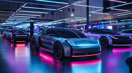 Futuristic electric car showroom glowing with vibrant RGB lights, featuring dynamic lighting and filled with modern electric vehicles.