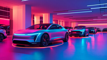 Naklejka premium Futuristic electric car showroom bathed in vibrant RGB lights, showcasing modern electric vehicles with dynamic, glowing effects.