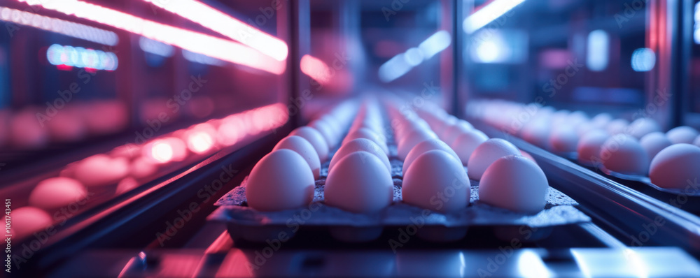 Poster fresh eggs on conveyor belt with digital counter, illuminated by vibrant lights, create appetizing s
