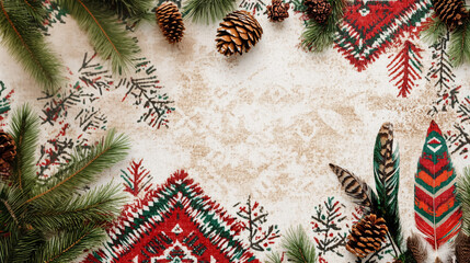 Native American geometric pattern tapestry on beige background with feather, pine and tree branches