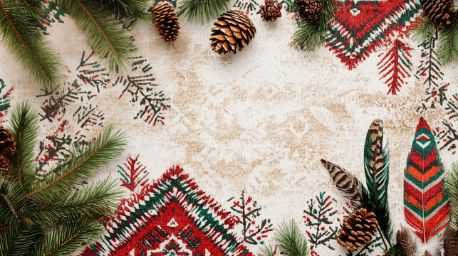 Native American geometric pattern tapestry on beige background with feather, pine and tree branches