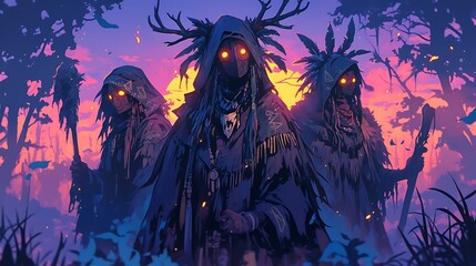 trio of scary shamans in a foggy swamp forest, their eyes glowing mysteriously in the dark with masks and horns, colorful anime style