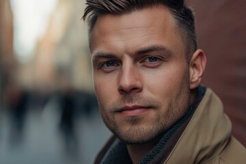 Obraz premium Man with a stylish haircut, looking confidently into the camera