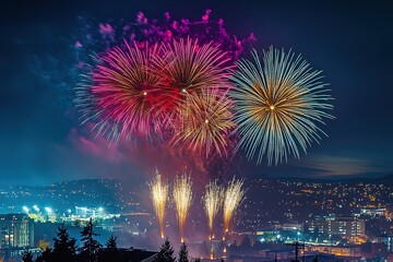 Colorful fireworks over city at night, celebration concept