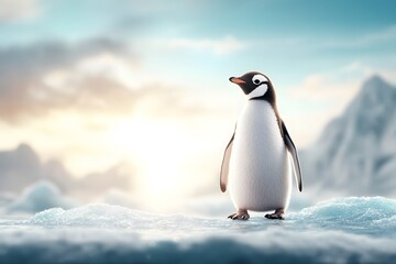Naklejka premium Gentle Penguin Standing on Ice at Dawn