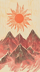 Fototapeta premium A Kurdish-style sun peeks over the Sawtooth mountains in this letterpress laser cut background