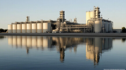 Naklejka premium A large industrial facility with storage tanks reflected in calm water under clear skies, showcasing modern engineering and infrastructure.