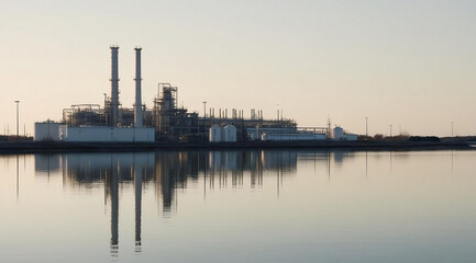 Obraz premium A tranquil industrial landscape reflects on water, showcasing a power plant with smokestacks against a serene sky.