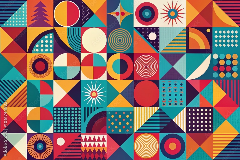 Poster abstract geometric shapes background: circle, rectangle, triangle elements in vivid colors for creat