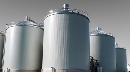 Description: A group of large, industrial storage tanks with smooth surfaces, used for holding various liquids, displaying a sleek, metallic design.