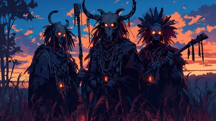 trio of scary shamans in a foggy swamp forest, their eyes glowing mysteriously in the dark with masks and horns, colorful anime style