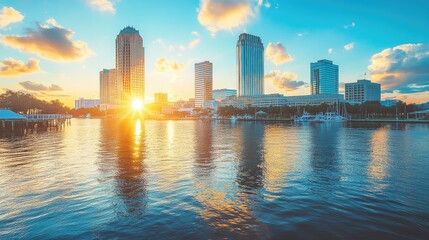Obraz premium Stunning Cityscape at Sunset Over Calm Waters