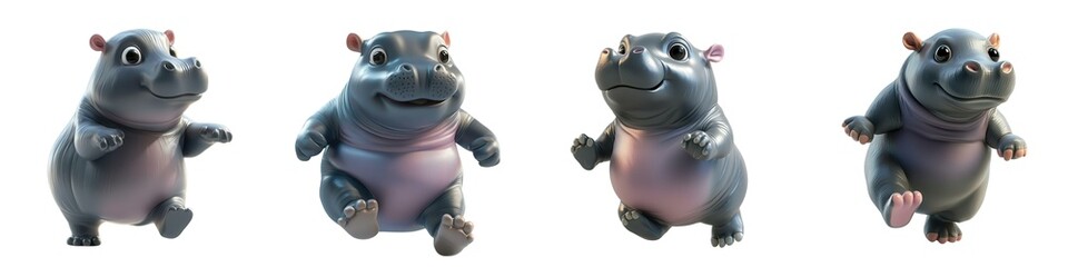 Fototapeta premium Four playful cartoon hippos in various poses, perfect for children's content, social media, and illustrations, with vibrant colors against white background.