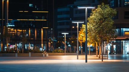 Modern LED street lights illuminate an urban plaza at night, providing soft, cool lighting over a busy square with a clean, contemporary atmosphere.