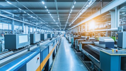 Fototapeta premium Modern recycling center with machines processing materials in a clean, sustainable facility under bright natural light and industrial illumination.