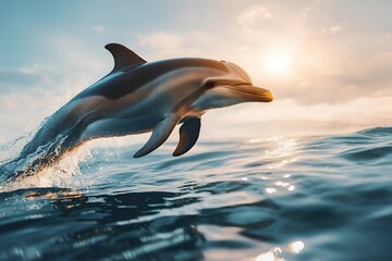 Playful Dolphin Leaping Above Ocean Surface at Sunset