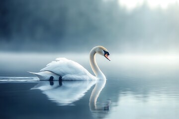 Fototapeta premium Serene Swan Gliding Through Tranquil Pond