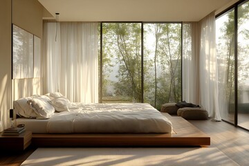 nowoczesne wnętrze, salon z widokiem, duże okna, zieleń za oknem, minimalistyczny design, domowa elegancja, stylowe wnętrze, neutralne kolory, przestronny salon, naturalne światło, aranżacja wnętrza, 