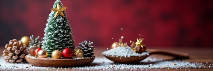 Fototapeta premium Festive scene with miniature christmas tree decorated with ornaments and pine cones