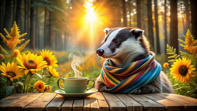 Adorable Badger in Scarf Enjoying Coffee - Double Exposure Photography of Nature and Whimsy