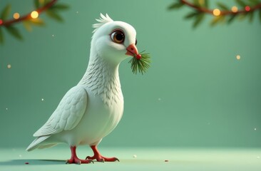 Obraz premium Cartoonish white bird with christmas tree branch ina beak. Festive lights green background, Space for text or logo