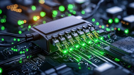 Network Switch with Ethernet Cables and Green LED Lights Showing Active Connections