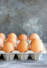 Fresh Brown Eggs in Cardboard Carton on Gray Backdrop