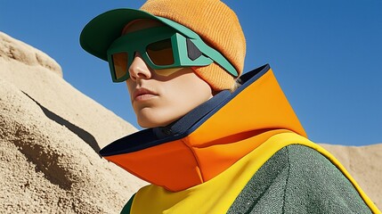 Elegantes Model in avantgardistischer Mode vor majestätischer Sandsteinformation, dramatische Pose, natürliche Textur, kontrastreiche Inszenierung