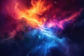 Fototapeta premium A cosmic swirl of red, orange, and blue nebulae with scattered stars in a dark sky