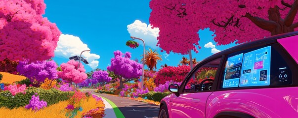 Futuristic Pink Car Driving Through a Vibrant Colorful Landscape