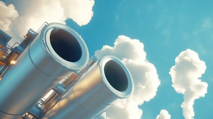 Zero carbon emissions, clean factory exhaust against blue sky, 3D illustration 