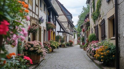 Charming European village street adorned with flowers and picturesque buildings, perfectly tranquil with no people in sight.