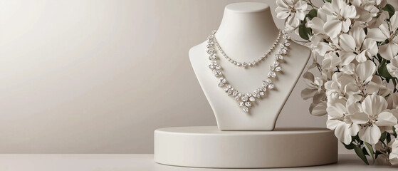 Elegant diamond necklace display on pedestal with floral decor, ideal for luxury jewelry branding and advertising.