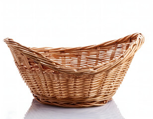 Obraz premium A close-up of an empty handcrafted woven basket set against a white background, highlighting its natural texture and traditional design. Ideal for storage, decoration, or gift presentation