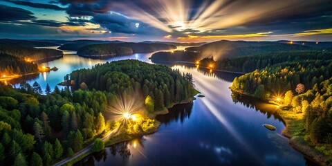 Obraz premium Aerial View of a Vibrant Landscape with Flashlight Beams Illuminating the Night Sky, Creating Stunning Patterns Above a Serene Forest and Calm Water Reflections