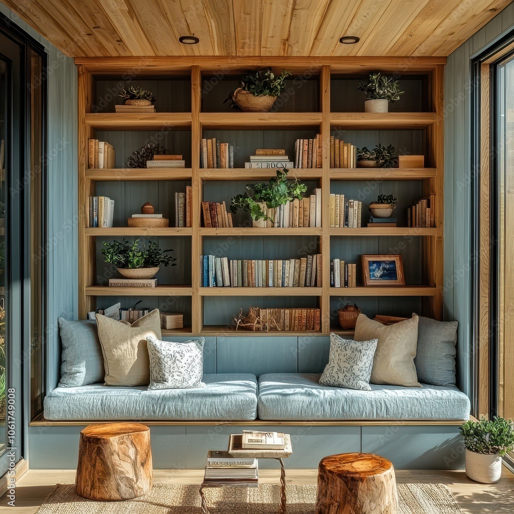 Poster scandinavian shelf design with open spaces and natural touch