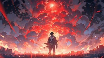 anime man standing against the apocalypse world, colorful anime style