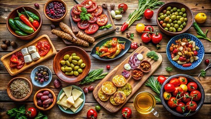 Fototapeta premium Aerial View of Colorful Tapas Spread on Rustic Table with Fresh Ingredients, Mediterranean Cuisine, Drone Photography, Vibrant Food Presentation, Culinary Delight, Delicious Appetizers