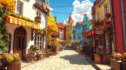 Fototapeta premium A charming, colorful, cobblestone street in a European town with shops, flowers, and a sunny sky.