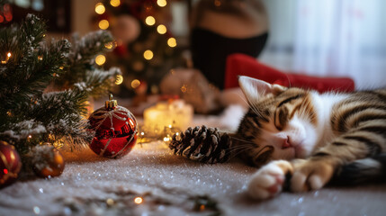christmas decorations and a sleeping cat