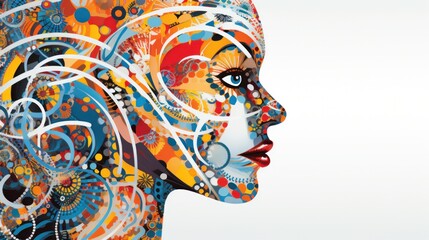 a vibrant graphic pattern composed of intricate geometric shapes meticulously arranged to form a human-like silhouette.