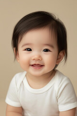 Naklejka premium asian little baby boy or girl 6 month old smiling wearing blank mockup white bodysuit,isolated on a beige background