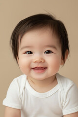 Naklejka premium asian little baby boy or girl 6 month old smiling wearing blank mockup white bodysuit,isolated on a beige background