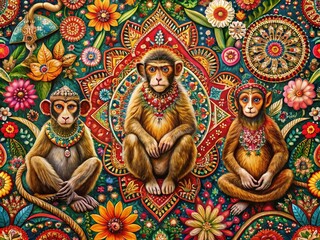 Naklejka premium Aerial View of Vibrant Monkey Decorated Indian Patterns - Colorful Textile Art, Cultural Heritage, Traditional Designs, Abstract Animal Motifs, Aesthetic Patterns, Ethnic Artwork