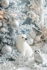 Obraz premium serene, snow-white winter wonderland Christmas scene, capturing the magic of a frosty, snowy day. The room is adorned with an all-white or flocked Christmas tree, decorated with icicles, crystals