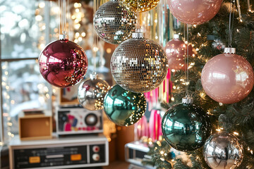 vibrant 1970s disco-inspired Christmas scene, capturing the playful energy of the era. The scene features disco balls in a range of colors--silver, gold, green, pink, and black