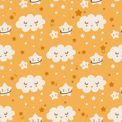 Vector hand-drawn color seamless childish simple pattern for kids with cute planets and moons in Scandinavian style Baby pattern with night sky. Fabric design. Wallpaper.