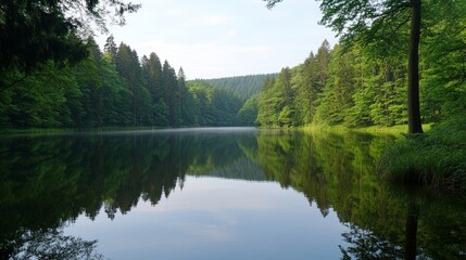 Obraz premium A tranquil lake surrounded by dense forest, with reflections of trees on the calm water creating a serene atmosphere.