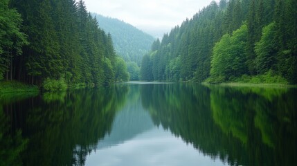 Fototapeta premium A serene lake encircled by a lush forest, reflecting the trees on the still water, creating a tranquil atmosphere.